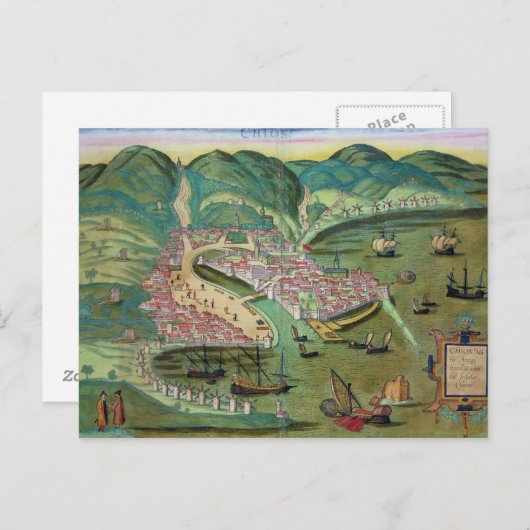 Kaart van Chios, van "Civitates Orbis Terrarum" do (Voorkant / Achterkant)