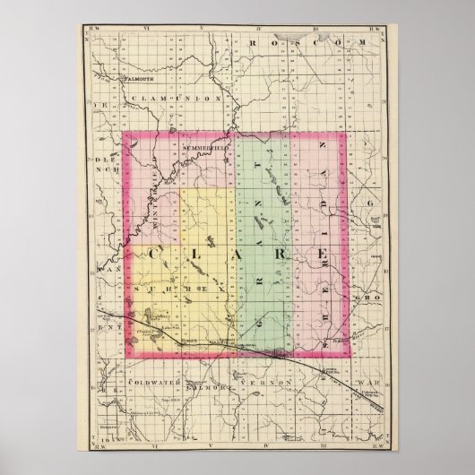 Kaart van Clare County, Michigan Poster (Voorkant)