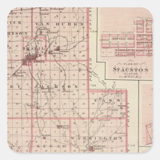 Kaart van Clay County met Staunton, Harmony Vierkante Sticker (Voorkant)