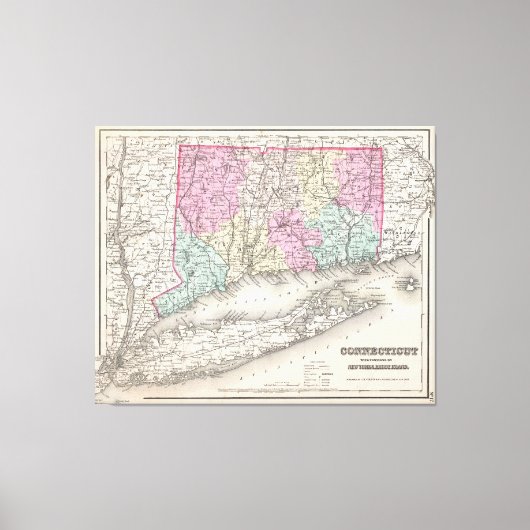 kaart van Connecticut (1857) Canvas Afdruk (Voorkant)