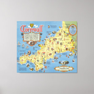 Kaart van Cornwall, Engeland Canvas Afdruk