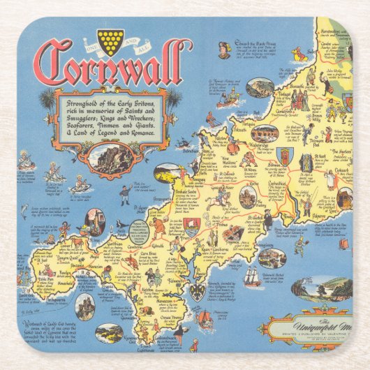 Kaart van Cornwall, Engeland Kartonnen Onderzetters (Voorkant)