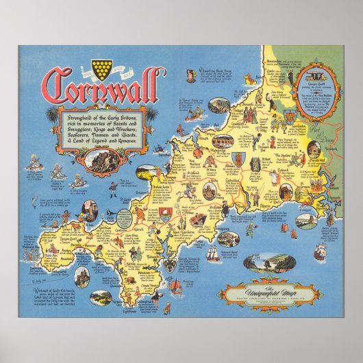 Kaart van Cornwall, Engeland Poster (Voorkant)