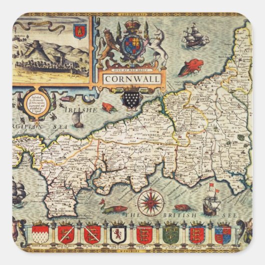 Kaart van Cornwall Vierkante Sticker (Voorkant)