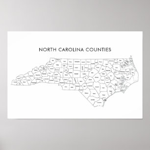 Kaart van county's in North Carolina met county-na Poster