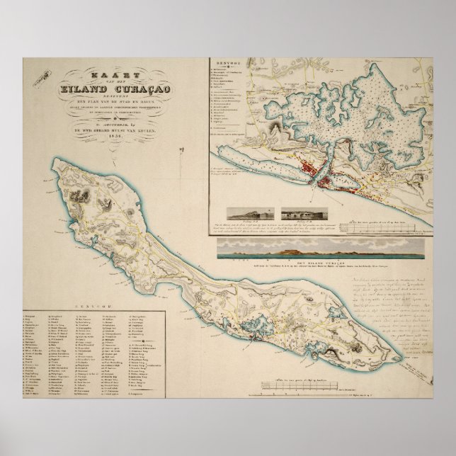 Kaart van Curaçao 1836 Poster (Voorkant)