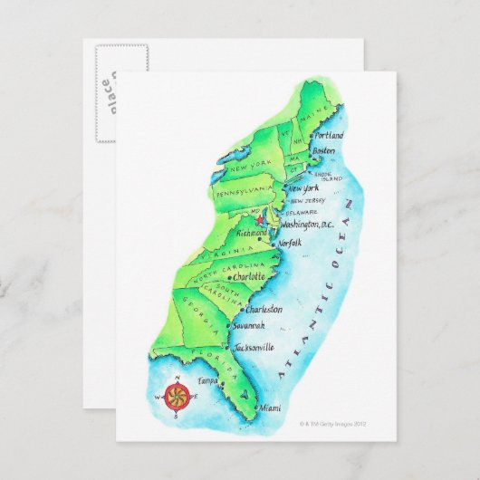 Kaart van de Amerikaanse oostkust (Voorkant / Achterkant)