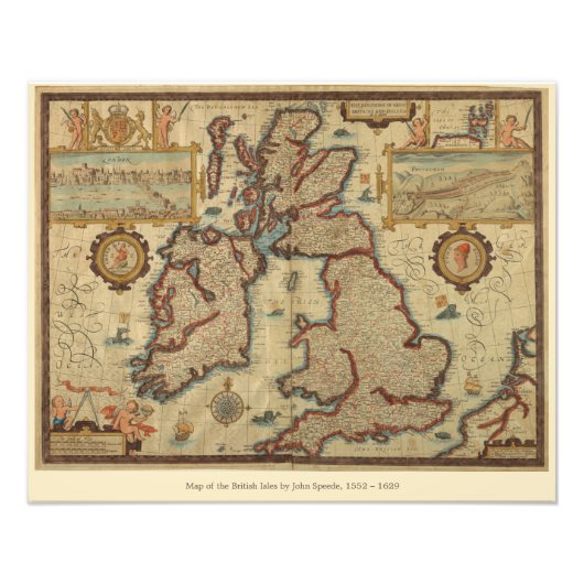 kaart van de Britse eilanden, 1552 - 1629 Foto Afdruk (Voorkant)