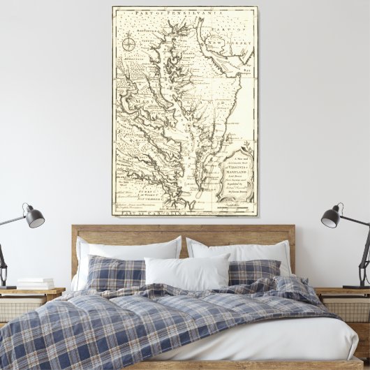  kaart van de Chesapeake Bay (1752) Canvas Afdruk (Insitu (Slaapkamer))