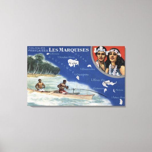 Kaart van de eilanden, Native in a Canoe Canvas Afdruk (Voorkant)