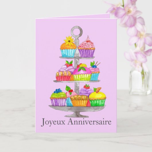 Kaart van de Franse Birthday Waterverf cupcakes (Orchidee)