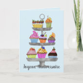 Kaart van de Franse Birthday Waterverf cupcakes (Voorkant)