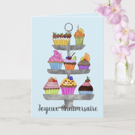 Kaart van de Franse Birthday Waterverf cupcakes (Orchidee)