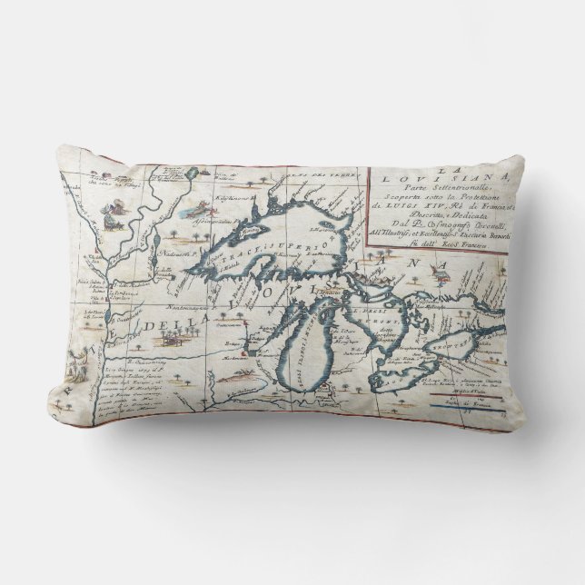  kaart van de Grote Meren, 17e eeuw Kussen (Voorkant)