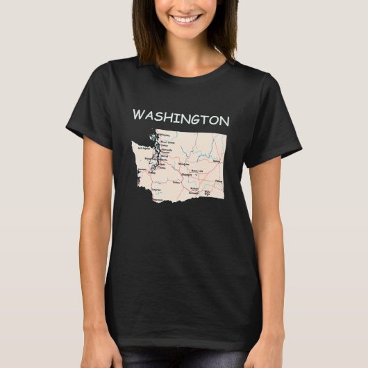 Kaart van de grote steden in de staat Washington,  T-shirt (Voorkant)