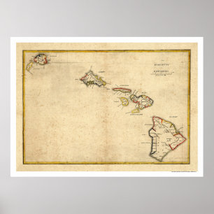 Kaart van de Hawaiiaanse eilanden door Kalama 1837 Poster