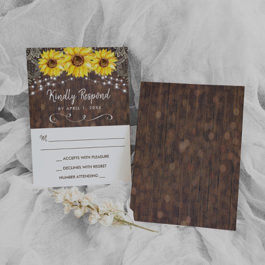 Kaart van de Hout Lace Sunflower Rustic RSVP Respo