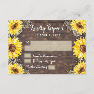 Kaart van de Hout Lace Sunflower Rustic RSVP Respo