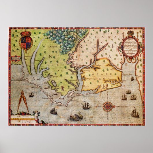 kaart van de kust van North Carolina (1591) Poster (Voorkant)