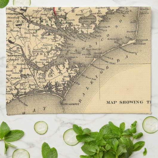 kaart van de kust van North Carolina (1887) Theedoek (Gevouwen)