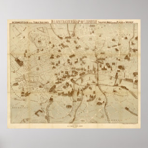 kaart van de Monumenten van Londen England (1877) Poster