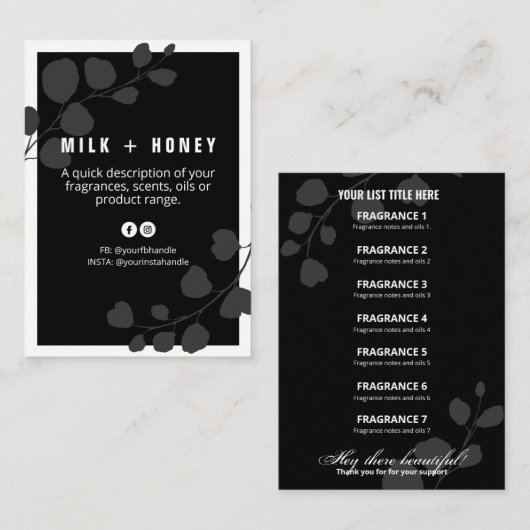 Kaart van de productlijst van bladzijden (zwart-wi visitekaartje (Voorkant / Achterkant)