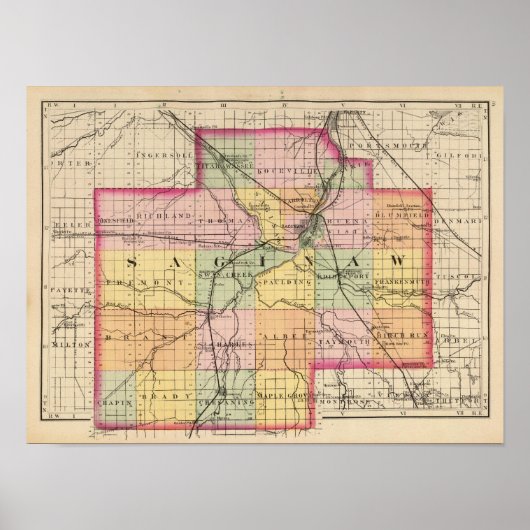 Kaart van de provincie Saginaw, Michigan Poster (Voorkant)