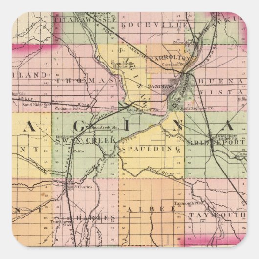 Kaart van de provincie Saginaw, Michigan Vierkante Sticker (Voorkant)