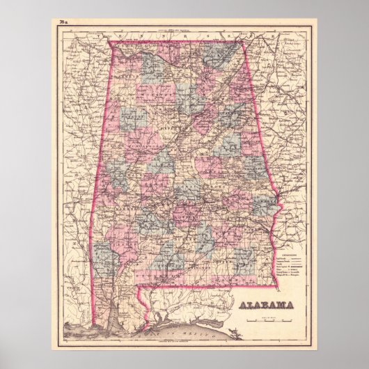  kaart van de provincies Alabama (1876) Poster (Voorkant)