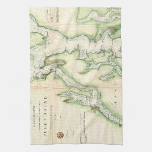  kaart van de Puget Sound (1867) Theedoek (Verticaal)