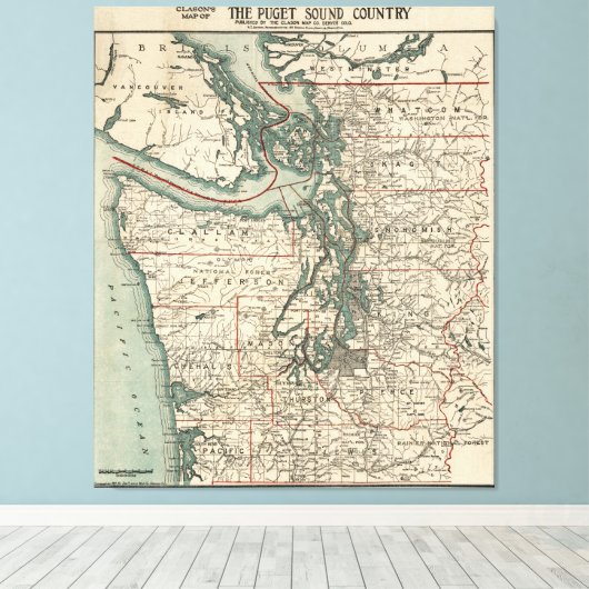 kaart van de Puget Sound (1910) Canvas Afdruk (Insitu (Houten vloer))
