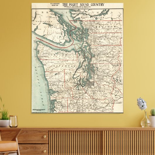 kaart van de Puget Sound (1910) Canvas Afdruk (Insitu (Woonkamer))