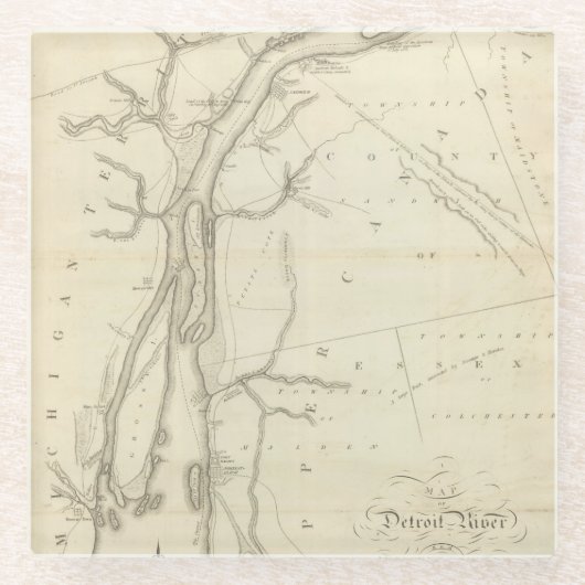 Kaart van de rivier de Detroit Glazen Onderzetter (Voorkant)