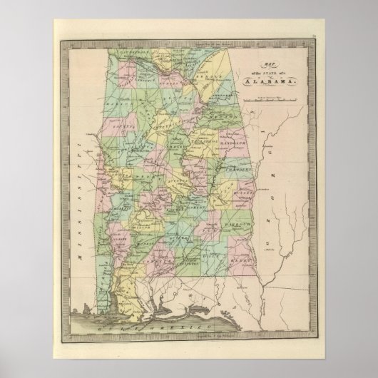 Kaart van de staat Alabama 2 Poster (Voorkant)