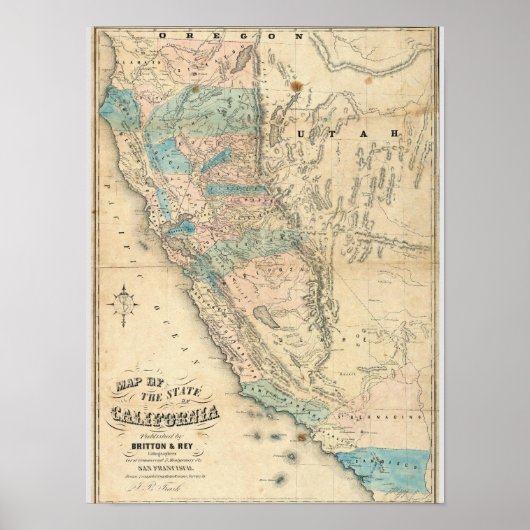 Kaart van de staat Californië Poster (Voorkant)