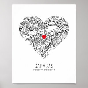 Kaart van de stad Heart Caracas (Venezuela) Poster