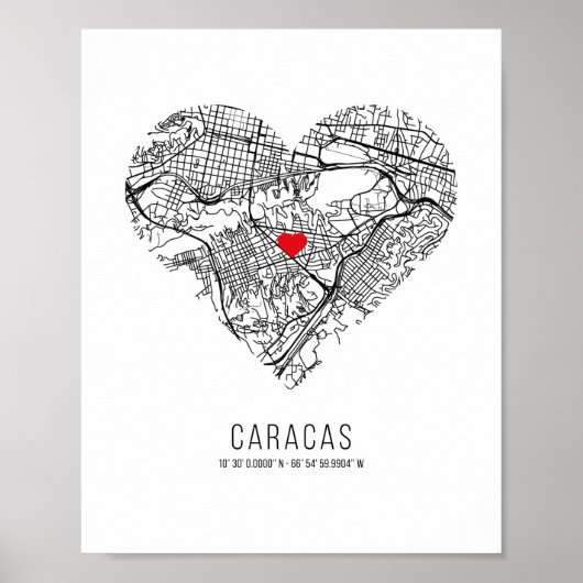 Kaart van de stad Heart Caracas (Venezuela) Poster (Voorkant)
