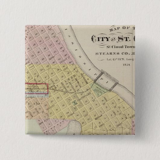 Kaart van de stad St. Cloud, Minnesota Vierkante Button 5,1 Cm (Voorkant)