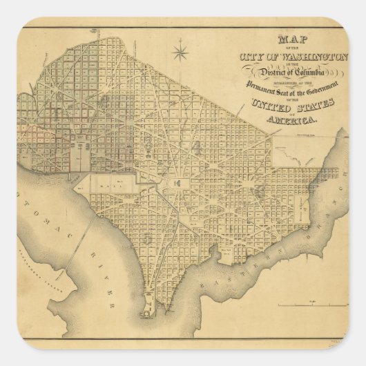 Kaart van de stad Washington D.C. (1839) Vierkante Sticker (Voorkant)