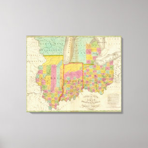Kaart van de staten Ohio Indiana en Illinois Canvas Afdruk