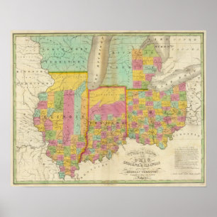 Kaart van de staten Ohio Indiana en Illinois Poster
