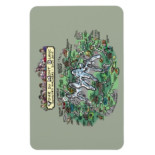 Kaart van de Tour du Mont Blanc - cartoon 4x6 Magneet (Verticaal)