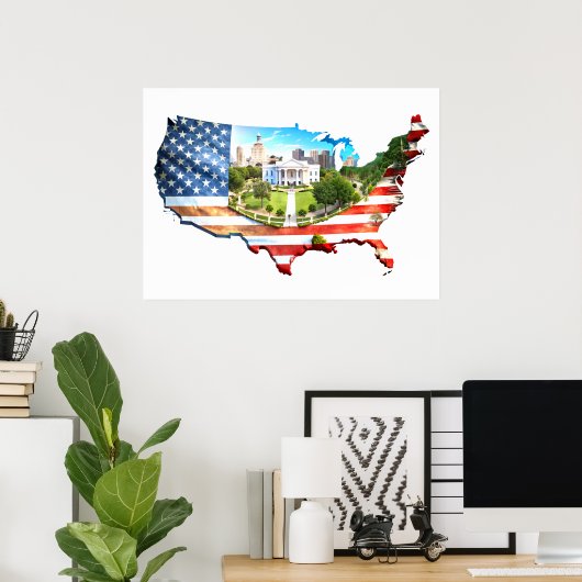 Kaart van de Verenigde Staten Omlijnde vlag Poster (Thuiskantoor)