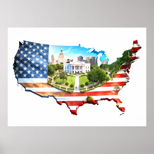 Kaart van de Verenigde Staten Omlijnde vlag Poster (Voorkant)