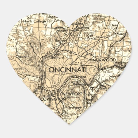 Kaart van de Vintage van Cincinnati Hart Sticker (Voorkant)