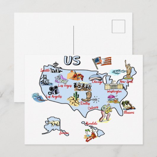 kaart van de VS, attracties, landschappen, grote s (Voorkant / Achterkant)