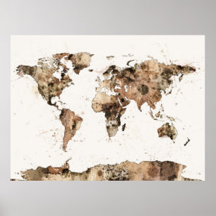 Kaart van de Waterverf Wereldkaart Sepia Poster