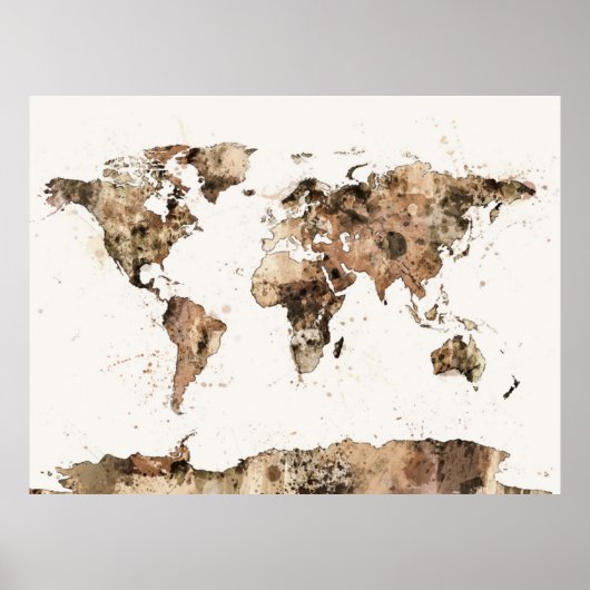 Kaart van de Waterverf Wereldkaart Sepia Poster (Voorkant)
