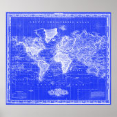 kaart van de wereld (1833) Blauw & wit Poster (Voorkant)
