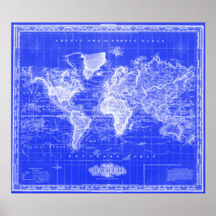  kaart van de wereld (1833) Blauw & wit Poster